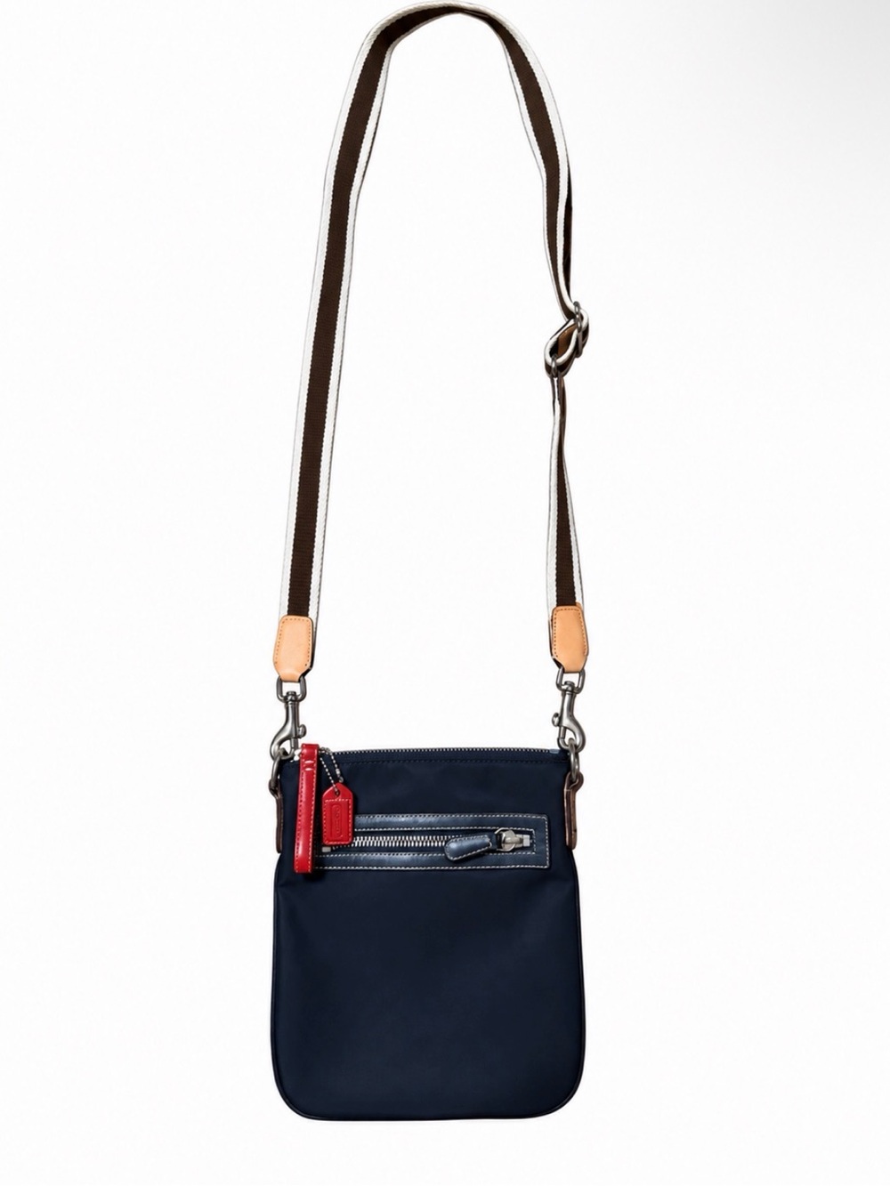 Coach Swing 6648 Nylon Crossbody Bag Black/Navy Striped Strap Red Accents